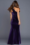Plum One Shoulder Velvet Ruched Sheath Formal Dress