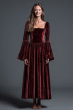 Velvet Square Neck Burgundy A Line Formal Dress with Long Sleeves