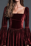 Velvet Square Neck Burgundy A Line Formal Dress with Long Sleeves