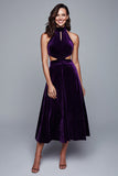 Plum Halter Cut Out A Line Velvet Formal Dress
