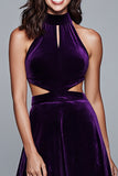 Plum Halter Cut Out A Line Velvet Formal Dress