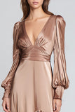 Light Brown Satin A Line V-Neck Long Sleeves Formal Dress with Ruffles