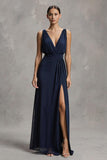 Navy Chiffon A Line V-Neck Long Formal Dress with Slit