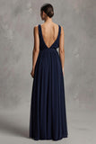 Navy Chiffon A Line V-Neck Long Formal Dress with Slit