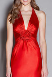 Red Satin Sheath V-Neck Long Formal Dress with 3D Flower