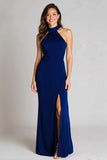 Navy Sheath Satin High Neck Long Formal Dress with Slit