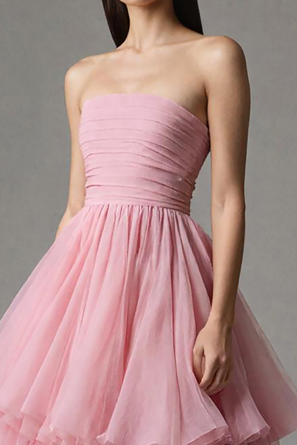 Pink A Line Strapless Tiered Maxi Formal Dress with Ruffles