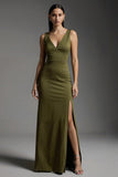 Olive Sheath V-Neck Maxi Formal Dress with Slit