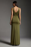 Olive Sheath V-Neck Maxi Formal Dress with Slit