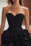 Black Satin Tiered Short Corset Cocktail Dress with Ruffles