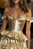 Gold Metallic Off The Shoulder Ruffled Pleated Short Homecoming Dress