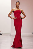 Simple Red Satin Strapless Mermaid Long Evening Dress