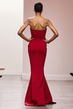Simple Red Satin Strapless Mermaid Long Evening Dress