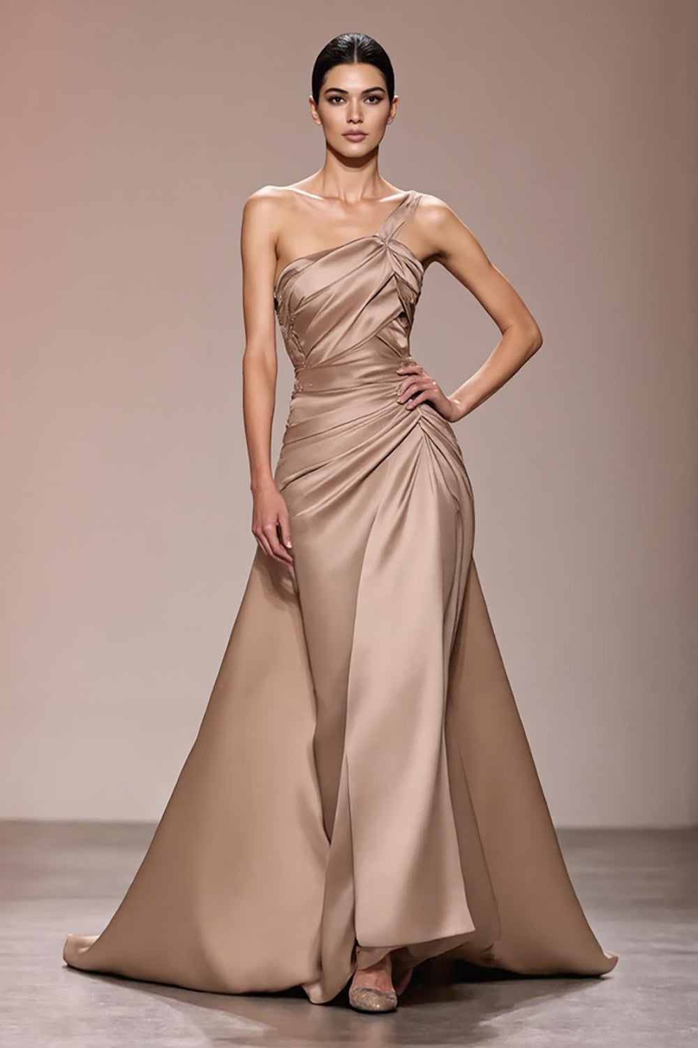 Champagne Satin Ruched Long Evening Dress