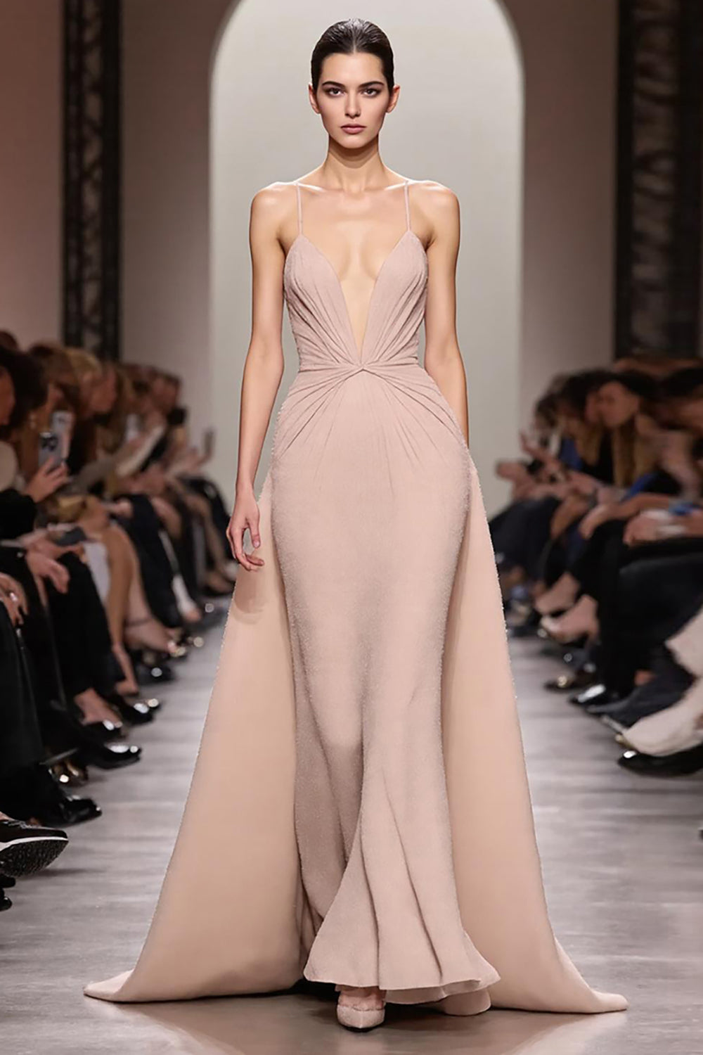 Ivory A Line Satin Ruched Spaghetti Straps Long Evening Dress