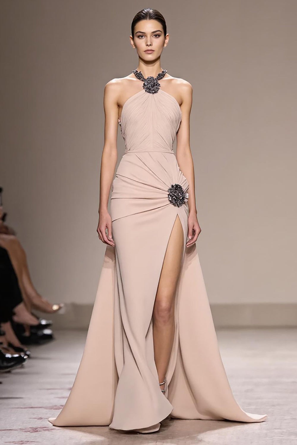 Champagne Satin Halter Long Evening Dress With Beading