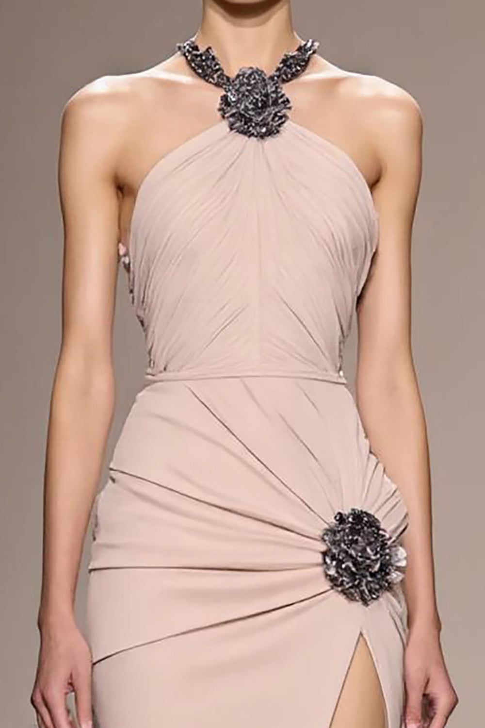 Champagne Satin Halter Long Evening Dress With Beading