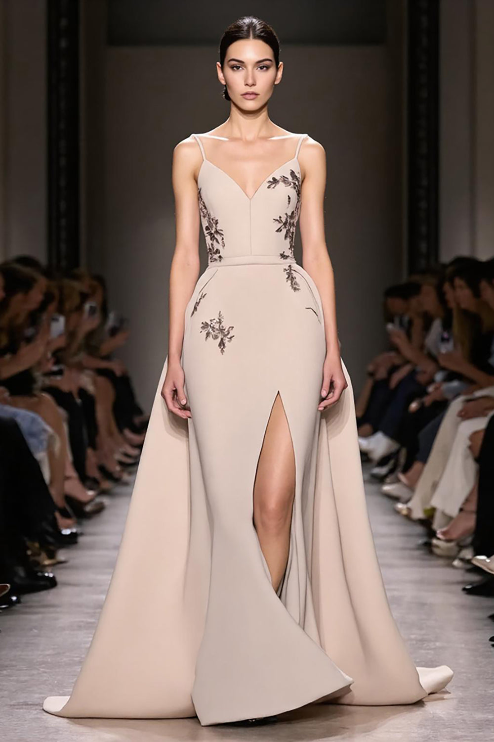 Champagne A Line Spaghetti Straps Long Evening Dress With Slit