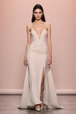 Ivory Sheath Satin Ruched Evening Dress With Slit