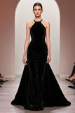 Black Velvet A Line Halter Long Evening Dress