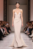 Champagne Satin Mermaid Strapless Ruched Long Evening Dress