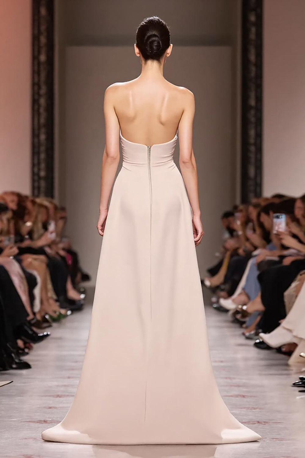 Champagne Satin Mermaid Strapless Ruched Long Evening Dress