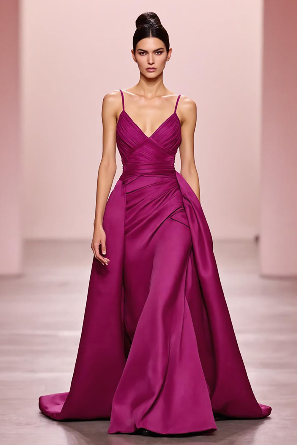 Fuchsia Satin A Line Ruched Spaghetti Straps Long Evening Dress