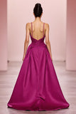 Fuchsia Satin A Line Ruched Spaghetti Straps Long Evening Dress