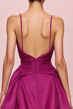 Fuchsia Satin A Line Ruched Spaghetti Straps Long Evening Dress