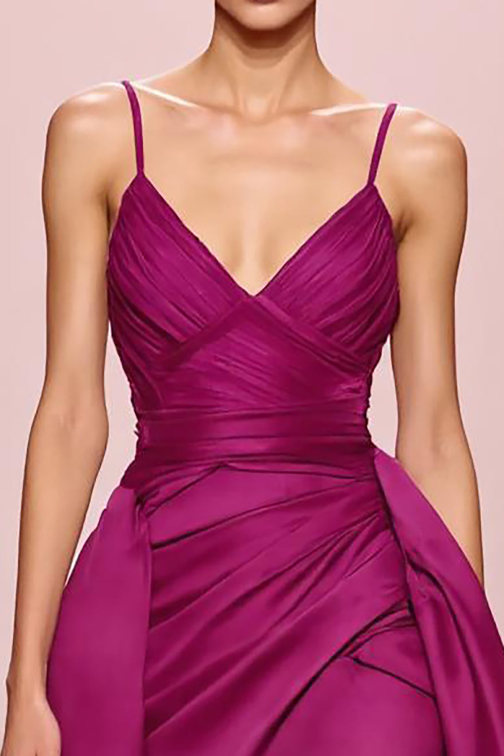 Fuchsia Satin A Line Ruched Spaghetti Straps Long Evening Dress