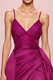 Fuchsia Satin A Line Ruched Spaghetti Straps Long Evening Dress
