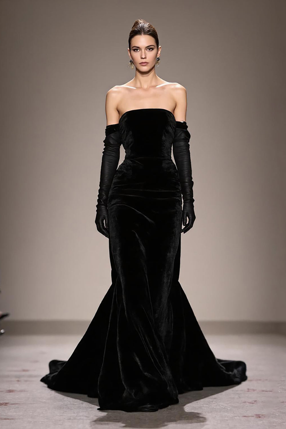 Black Strapless Long Velvet Evening Dress