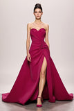 Fuchsia Satin A Line Ruched Strapless Long Evening Dress With Slit