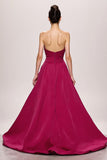 Fuchsia Satin A Line Ruched Strapless Long Evening Dress With Slit