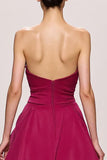 Fuchsia Satin A Line Ruched Strapless Long Evening Dress With Slit