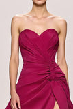 Fuchsia Satin A Line Ruched Strapless Long Evening Dress With Slit