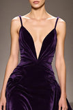 Dark Purple Velvet A Line Deep V-Neck Long Evening Dress