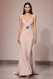 Champagne Satin Ruched Maxi Evening Dress