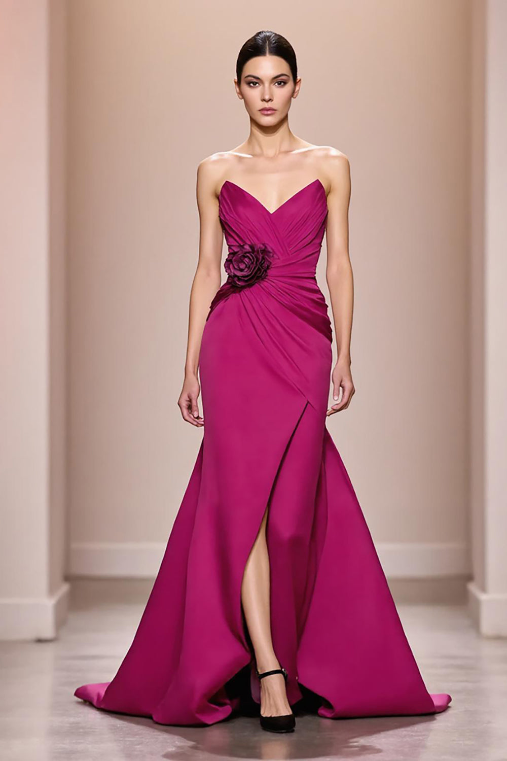 Fuchsia Satin A Line Strapless Long Evening Dress With 3D Flower