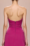 Fuchsia Satin A Line Strapless Long Evening Dress With 3D Flower