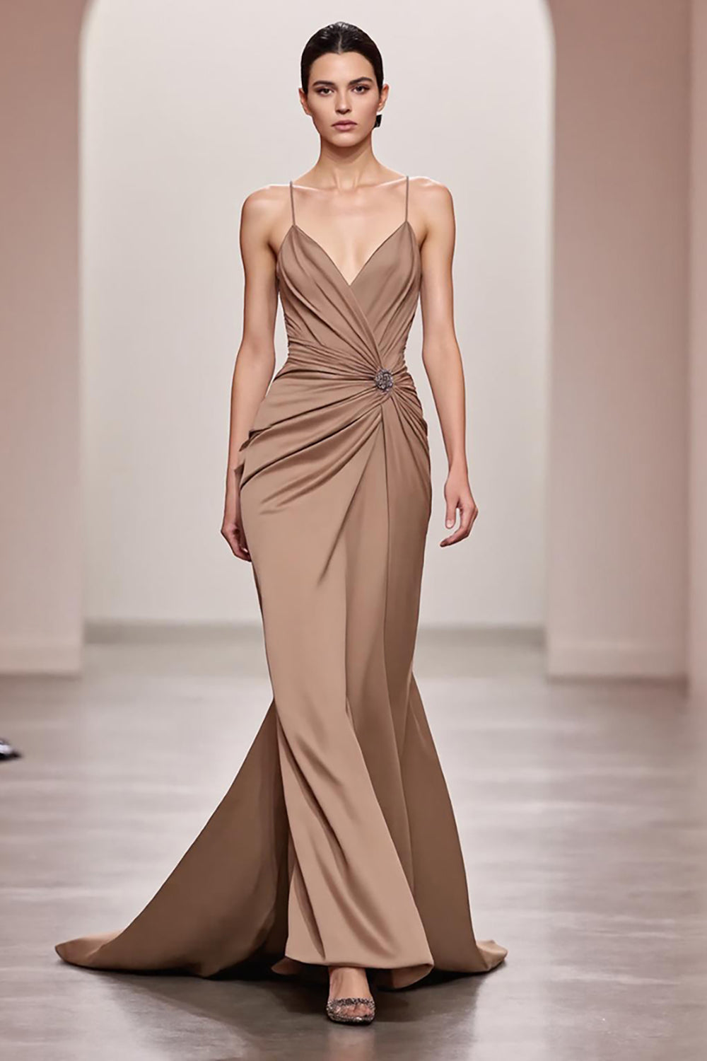 Coffee Satin Mermaid Spaghetti Straps Long Evening Dress