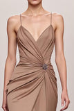 Coffee Satin Mermaid Spaghetti Straps Long Evening Dress