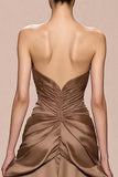 Coffee A Line Satin Strapless Evening Dress