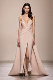 Champagne Satin A Line Ruched Evening Dress With Slit