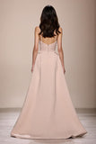 Champagne Satin A Line Ruched Evening Dress With Slit