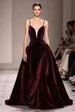 Burgundy Velvet A-Line Spaghetti Straps Evening Dress