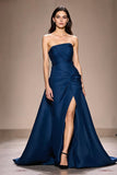 Dark Blue Strapless A-Line Ruched Long Evening Dress with Slit