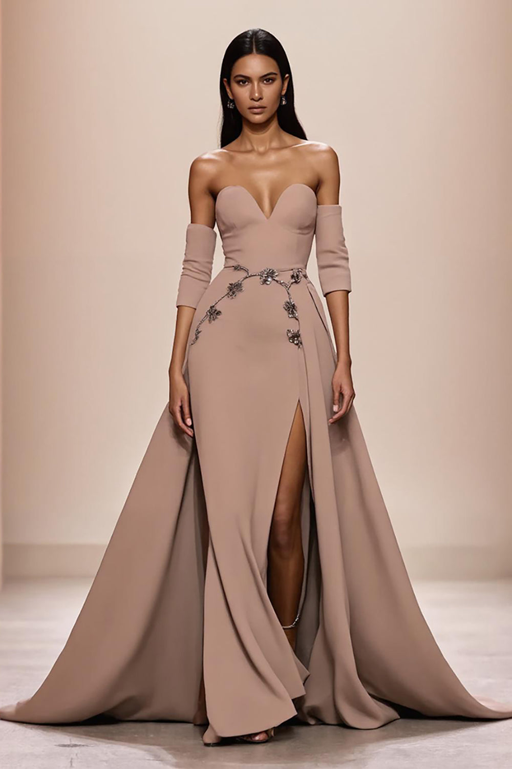 Champagne Sweetheart Appliques Evening Dress with Slit