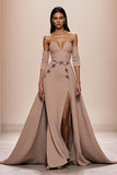 Champagne Sweetheart Appliques Evening Dress with Slit