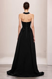Velvet Black A-Line Halter Long Evening Dress